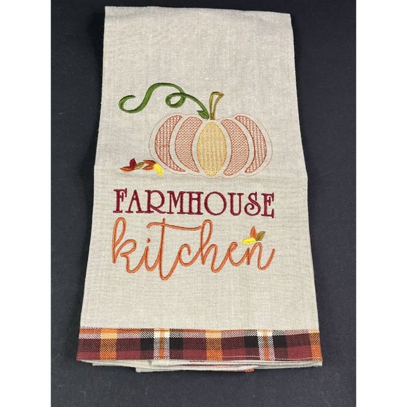 NEW 2 Embroidered Kitchen Towel Fall Autumn Decor Pumpkin Apples Flowers Beige - Picture 3 of 6